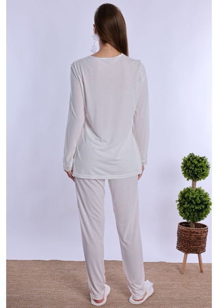 Ekru Sabahlıklı Hamile Lohusa Pijama Takımı