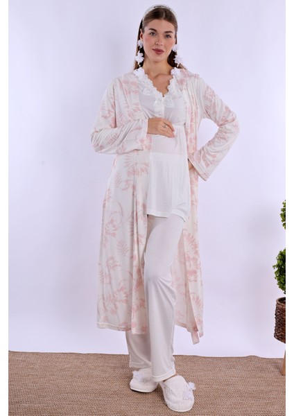 Pudra/ekru Sabahlıklı Hamile Lohusa Pijama Takımı