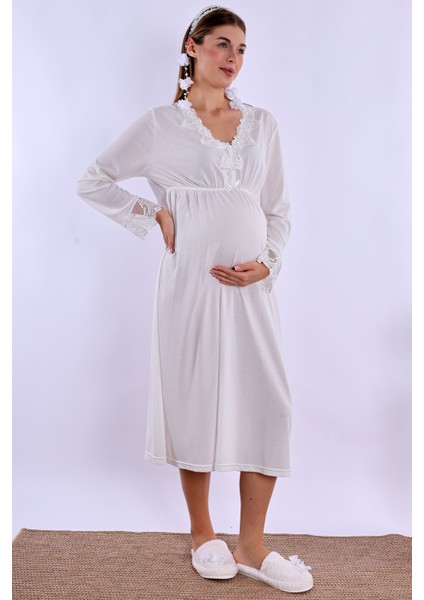 Pudra/ekru Sabahlıklı Hamile Lohusa Pijama Takımı