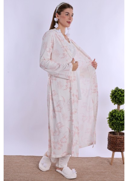 Pudra/ekru Sabahlıklı Hamile Lohusa Pijama Takımı