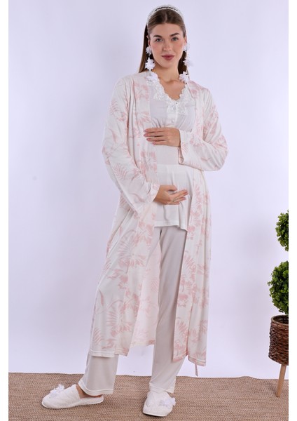 Pudra/ekru Sabahlıklı Hamile Lohusa Pijama Takımı