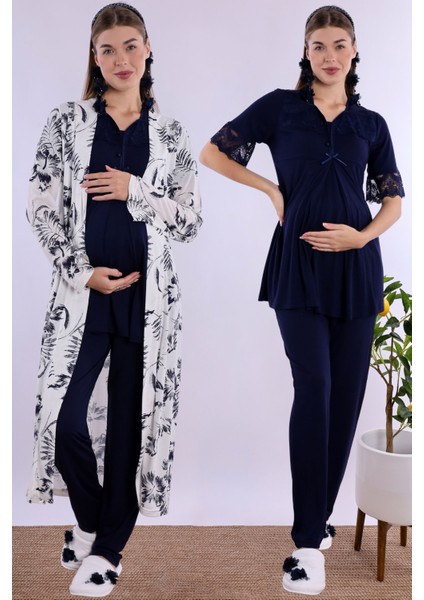 Lacivert Sabahlıklı Hamile Lohusa Pijama Takımı