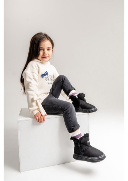 Kız Çocuk Siyah Hakiki Deri Hakiki Kürklü Suya Dayanıklı Bot