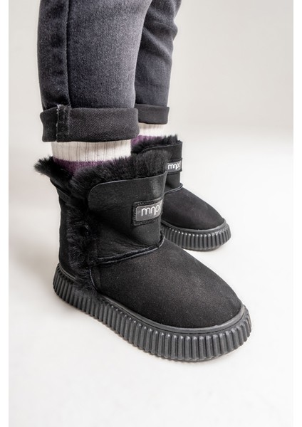 Kız Çocuk Siyah Hakiki Deri Hakiki Kürklü Suya Dayanıklı Bot