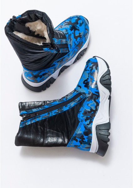 Erkek Çocuk Saks Mavi Hakiki Deri Suya Dayanıklı Kürklü Günlük Bot