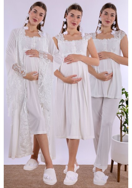Ekru Dantelli Hamile Lohusa Set