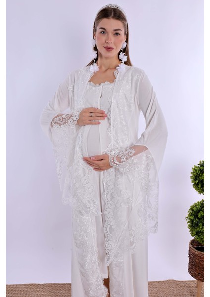 Ekru Dantelli Hamile Lohusa Set