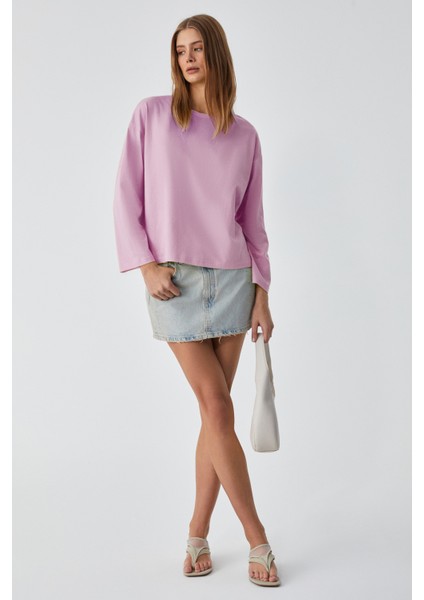 Basıl Kadını Oversize %100 Organik Pamuk Örme Uzun Kol Pembe T-Shirt
