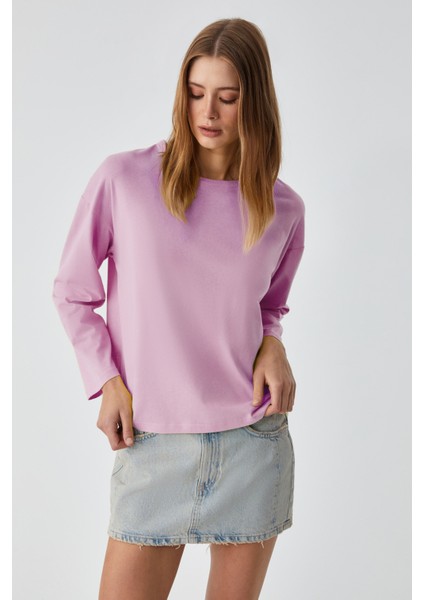 Basıl Kadını Oversize %100 Organik Pamuk Örme Uzun Kol Pembe T-Shirt modelleri