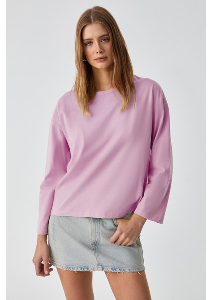 Basıl Kadını Oversize %100 Organik Pamuk Örme Uzun Kol Pembe T-Shirt fırsatları