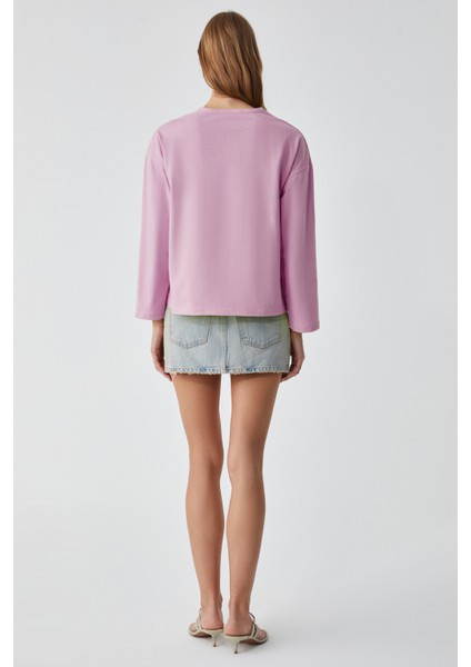 Basıl Kadını Oversize %100 Organik Pamuk Örme Uzun Kol Pembe T-Shirt indirimleri