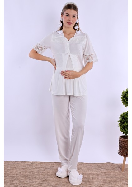 Ekru Hamile Lohusa Pijama Takımı