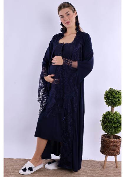Lacivert Dantelli Hamile Lohusa Set