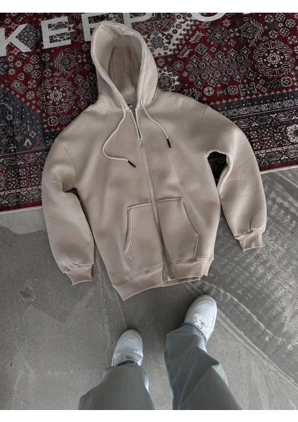 Oversize Tam Fermuarlı Uzun Kol Hırka - Bej fiyatları