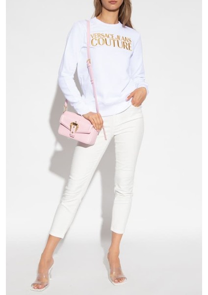 Kadın Felpe Serigrafiche Nakışlı Logo Sweatshirt - Beyaz/gold modelleri