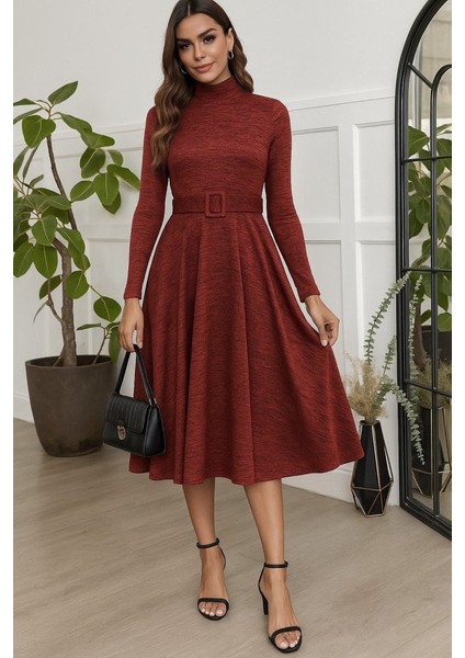Kadın Uzun Kollu Balıkçı Yaka Kemer Detaylı Yumoş Midi Elbise modelleri
