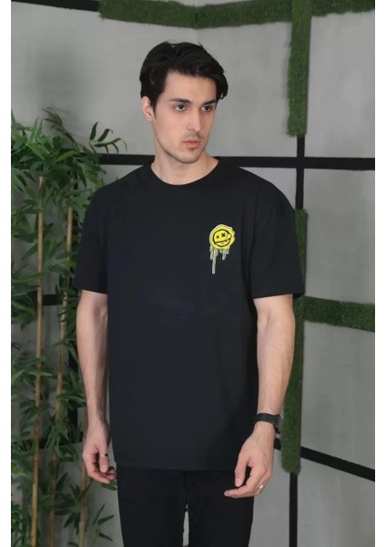 Unisex Bisiklet Yaka Baskılı Oversize T-Shirt - Siyah fiyatları