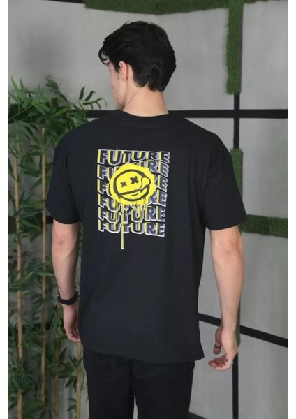 Unisex Bisiklet Yaka Baskılı Oversize T-Shirt - Siyah modelleri