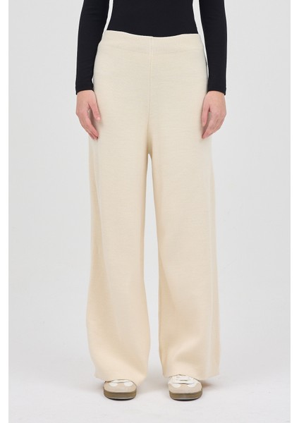 Krem Geniş Paça Triko Kadın Pantolon 23274