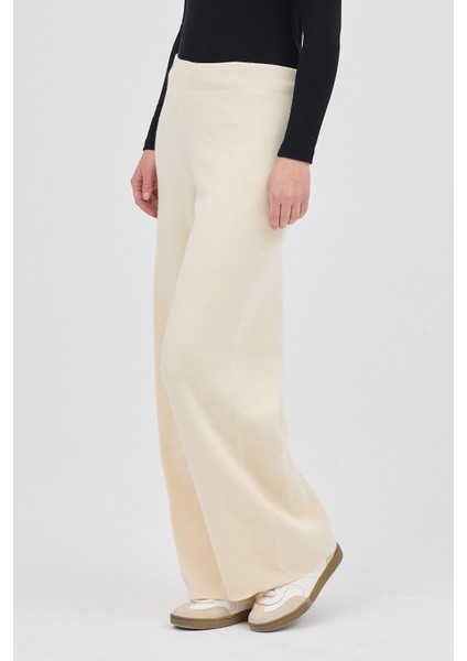 Krem Geniş Paça Triko Kadın Pantolon 23274