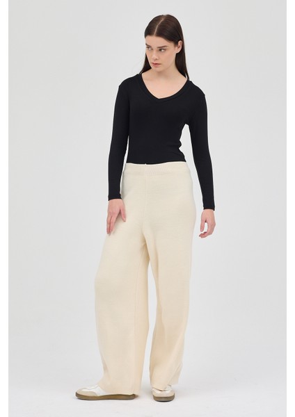 Krem Geniş Paça Triko Kadın Pantolon 23274