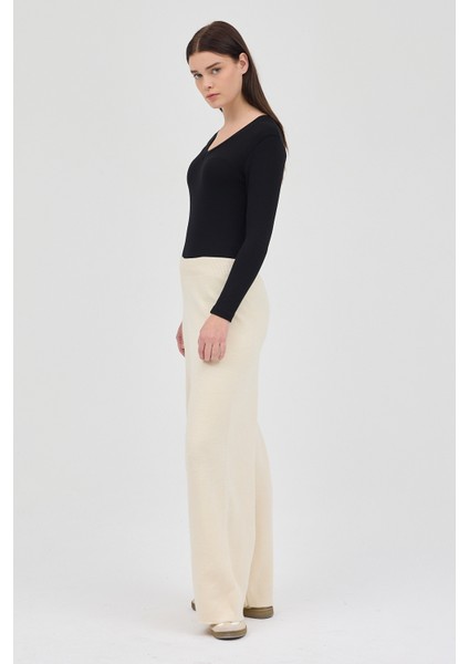 Krem Geniş Paça Triko Kadın Pantolon 23274