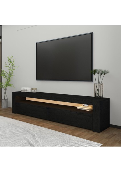 Batı LED Işıklı 2 Kapaklı TV Sehpası – 150 cm – Minimal Tasarım, Ahşap Desenli Siyah