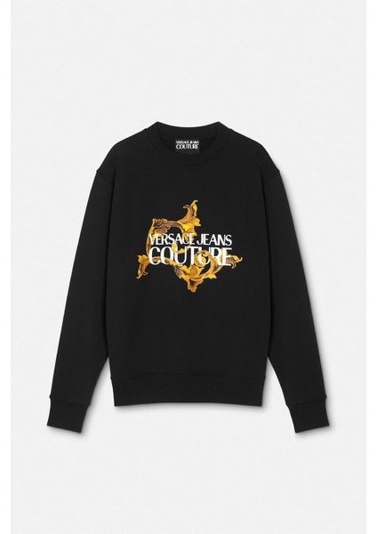 Erkek Regular Fit Barok Desenli Yazı Logolu Bisiklet Yaka Sweatshirt - Siyah/altın Sarısı