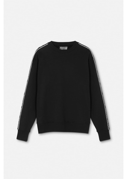 Erkek Regular Fit Yazı Logolu Şeritli Bisiklet Yaka Sweatshirt - Siyah