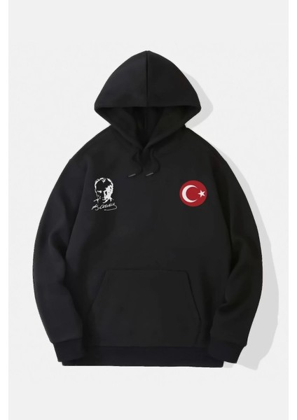 10 Kasıma Özel Üç Iplik Kapüşonlu Baskılı Sweatshirt - Siyah
