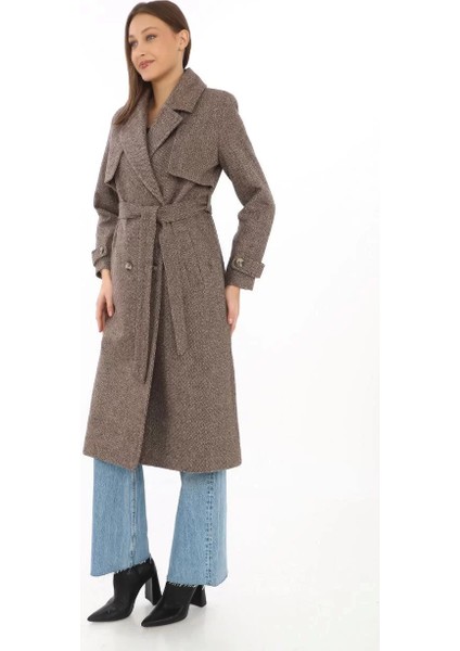 Kadın Balık Sırtı Kaşmir Uzun Kaşe Kaban - Vizon