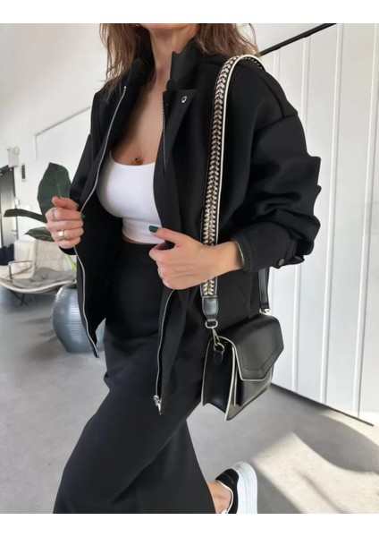 Ryse Kadın Mevsim Kaşe Fermuarlı Ceket Etek Takım Kaşmir Ceket Etekli Ikili Takım Kaşe Bomber Ceket-Etek Takım