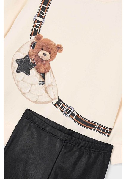 Kız Çocuk Regular Fit Ayıcık Baskılı Sweatshirt ve Tayt Takım - Ekru/siyah modelleri