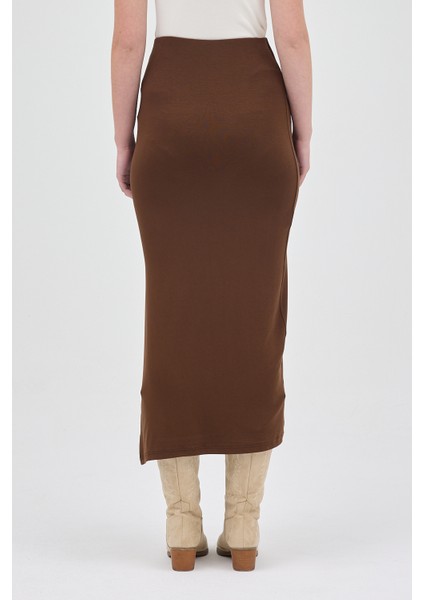 Kahve Likralı Uzun Lastik Bel Etek 8157A