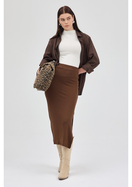 Kahve Likralı Uzun Lastik Bel Etek 8157A
