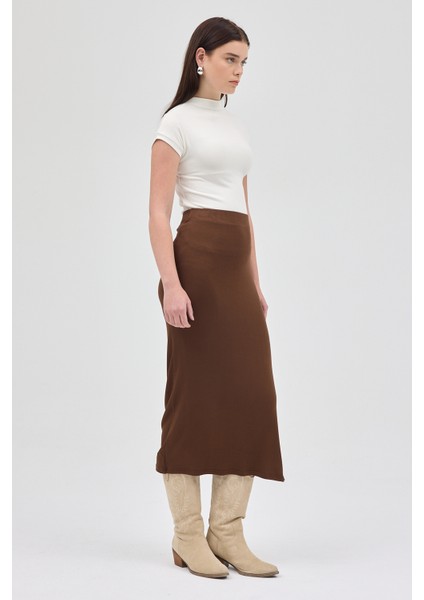 Kahve Likralı Uzun Lastik Bel Etek 8157A