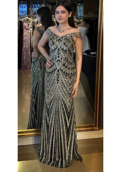 Siyah Düz Kesim Simli Uzun Abiye Elbise 7771