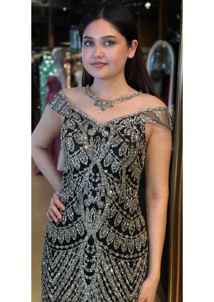 Siyah Düz Kesim Simli Uzun Abiye Elbise 7771 modelleri