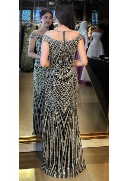 Siyah Düz Kesim Simli Uzun Abiye Elbise 7771 indirimleri