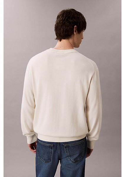 Erkek Relaxed Fit Monogram Nakışlı Bisiklet Yaka Kazak - Krem fiyatları