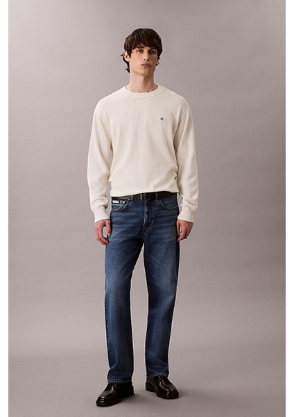 Erkek Relaxed Fit Monogram Nakışlı Bisiklet Yaka Kazak - Krem modelleri