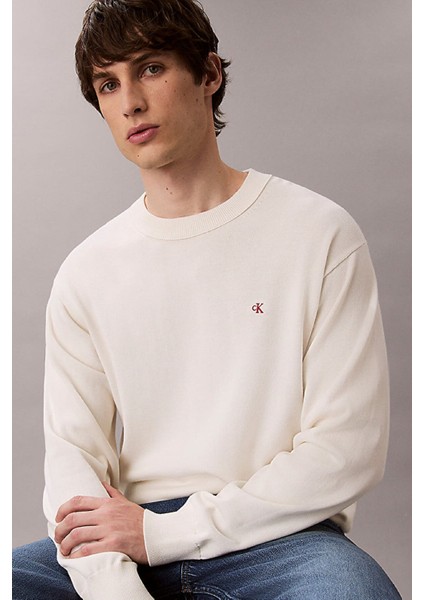 Erkek Relaxed Fit Monogram Nakışlı Bisiklet Yaka Kazak - Krem fırsatları