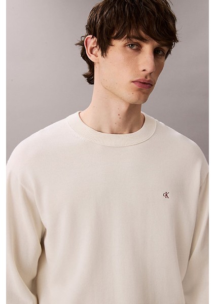 Erkek Relaxed Fit Monogram Nakışlı Bisiklet Yaka Kazak - Krem indirimleri