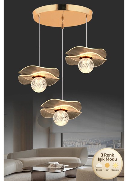 Rose Model Gold Kaplama 3 Renk Metal Salon Mutfak Oturma Yatak Odası Modern LED Sarkıt 3'lü Avize
