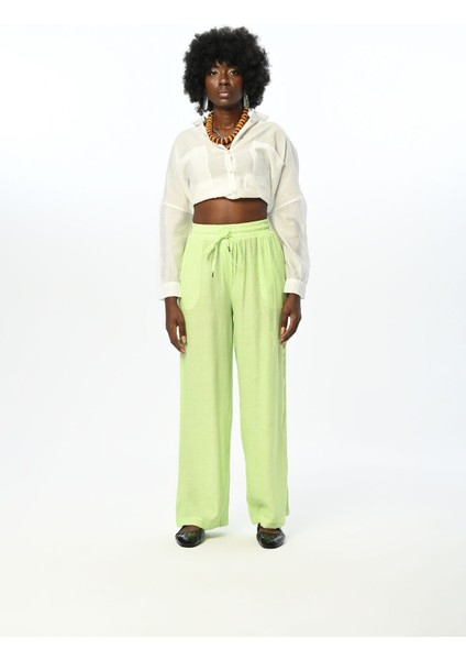 Kadın Beli Lastikli Bol Paça Ince Çizgili Düz Renk Pantolon modelleri