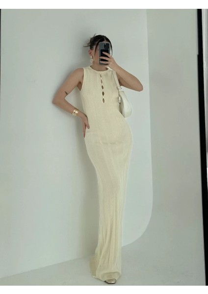 Kalın Fitilli Uzun Triko Elbise - Kırık Beyaz