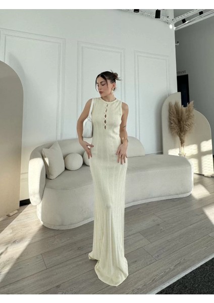 Kalın Fitilli Uzun Triko Elbise - Kırık Beyaz modelleri
