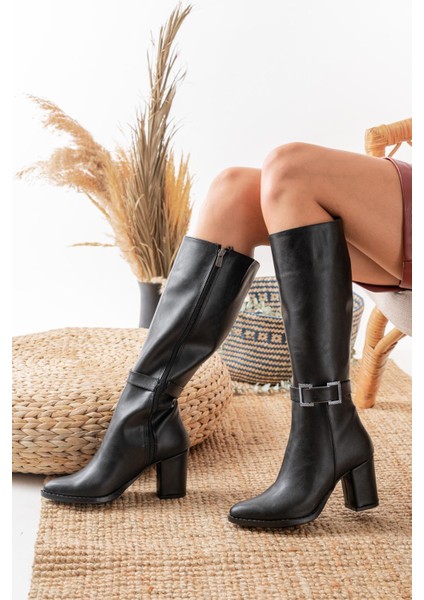 Kadın Lamor Siyah Tokalı Yandan Fermuarlı Diz Altı Çizme Siyah Cilt fiyatları