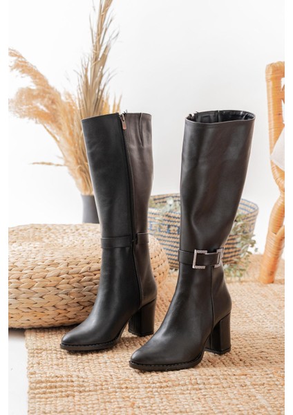 Kadın Lamor Siyah Tokalı Yandan Fermuarlı Diz Altı Çizme Siyah Cilt fırsatları