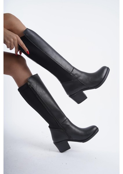 Kadın Leydi Dalgıç Kumaş Dizaltı Çizme Siyah